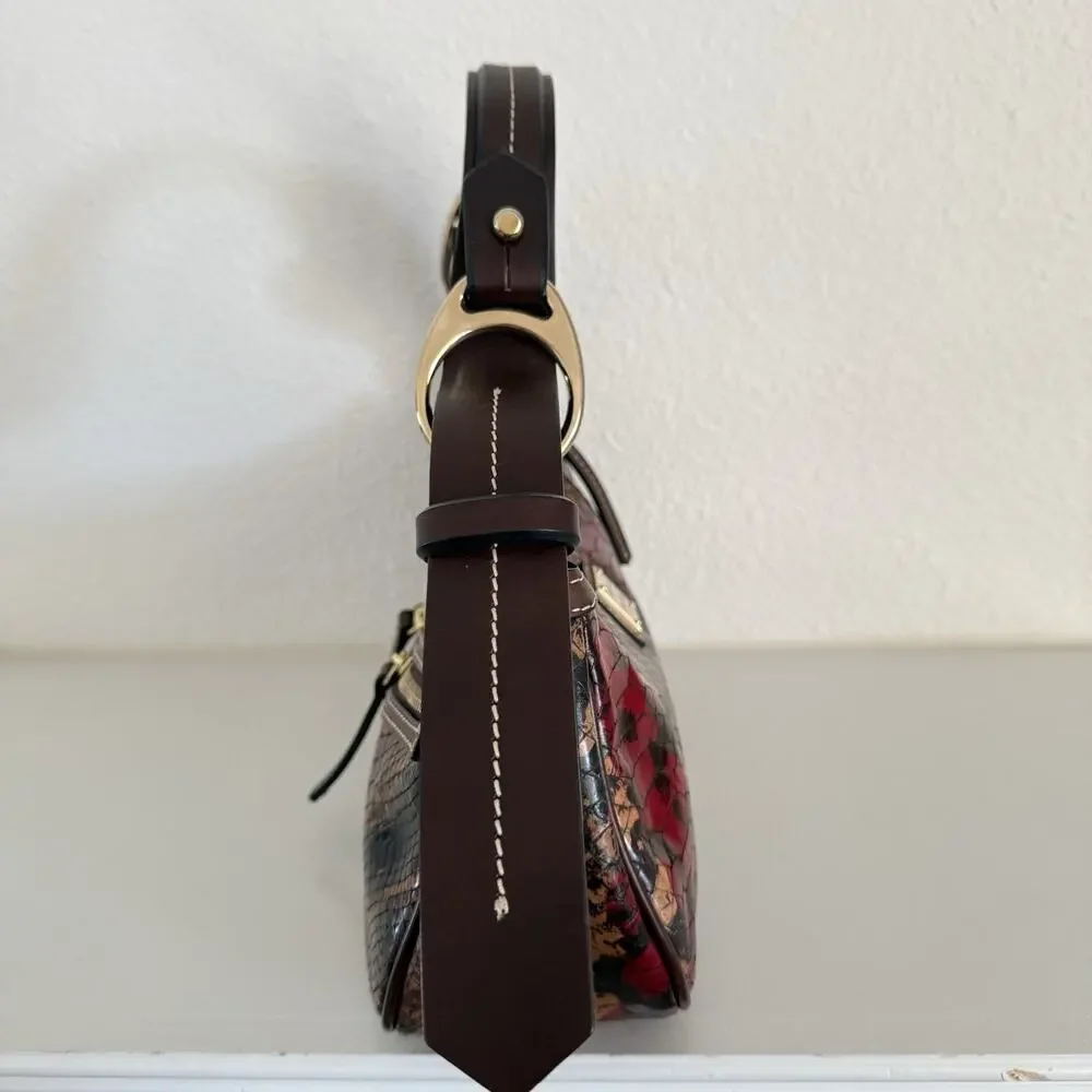 Dooney & Bourke Python Embossed Leather Hobo Shoulder Bag Red Brown Clean